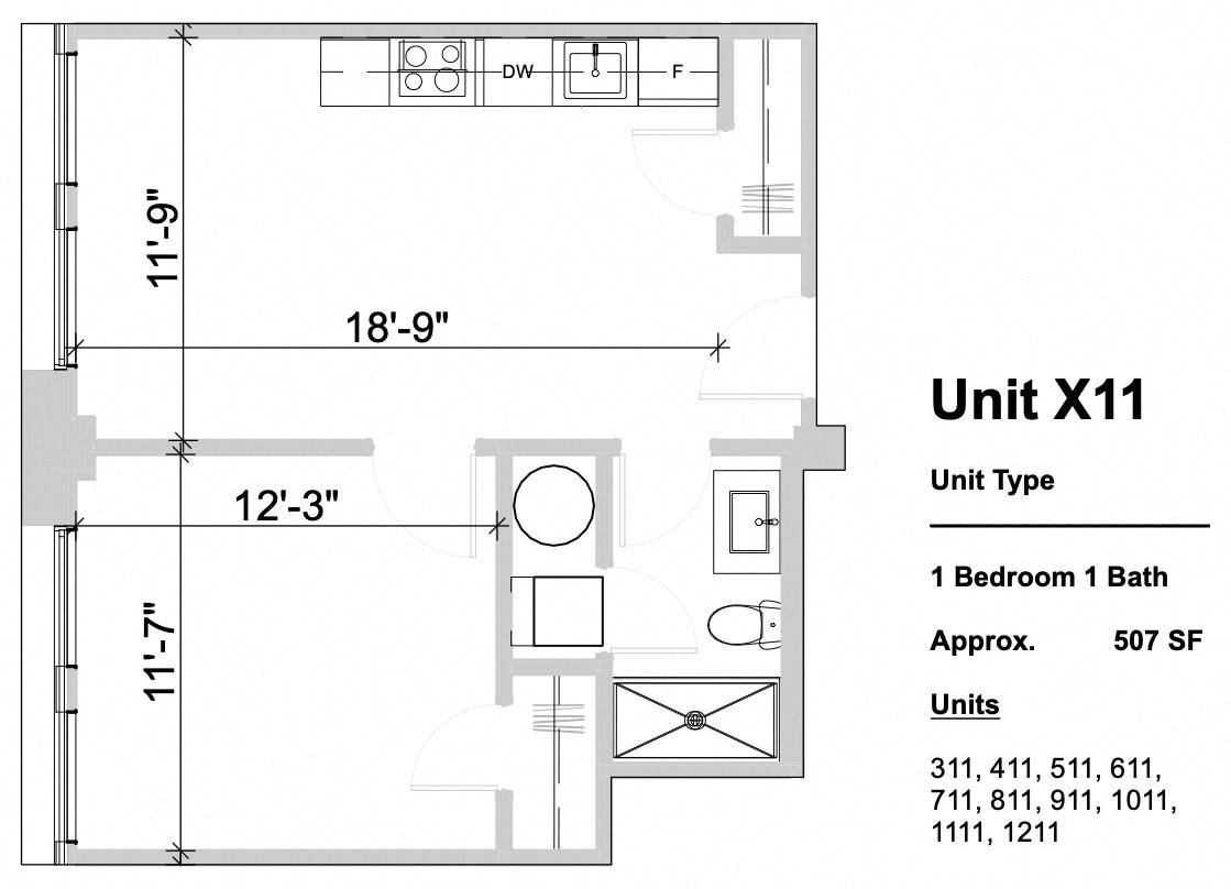 Floor plan layout diagram for 1 Bed 1 Bath - X11